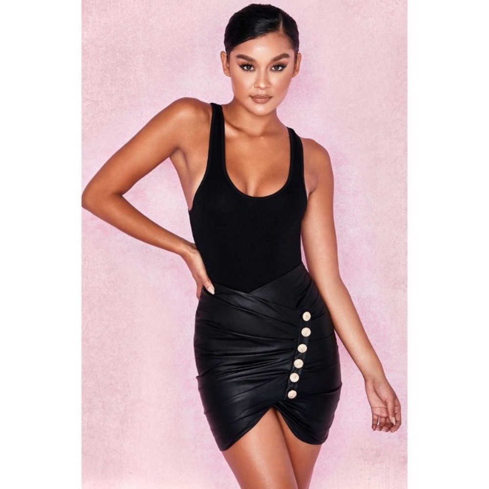 House of CB Skirt Makayla Mini Side Ruched Gold Button in Faux Leather Black